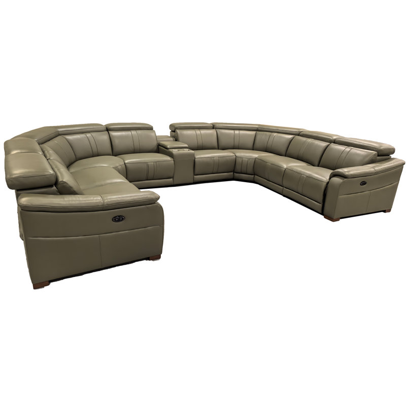 Mietoon Leather Match Large Seating Power Recliner Sectional, Olive Leather Match