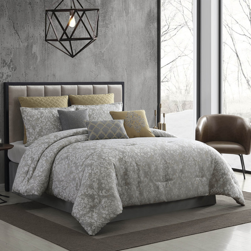 Lantana Gray and Gold 9-Piece Queen Comforter Set