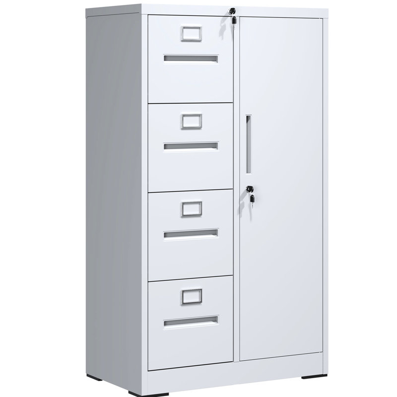 Office - Suitable Vertical Metal File Cabinet In White With 4 Drawers And Lock Cold Rolled Steel, Adjustable Hanging, Clothing Storage