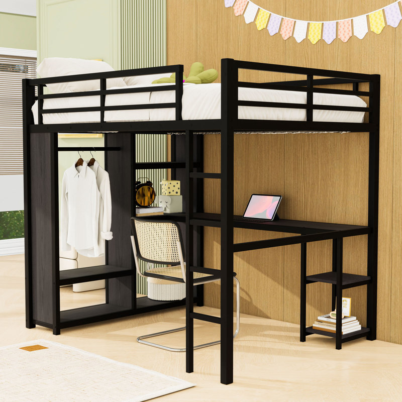 Metal Loft Bed with Wardrobe, Desk and Storage Shelves, Black, Full