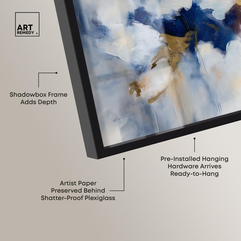 «Eclipse of Gold and Blue Shadowbox», art mural bleu par Art Remedy, H 11 po x l 16 po, Noir