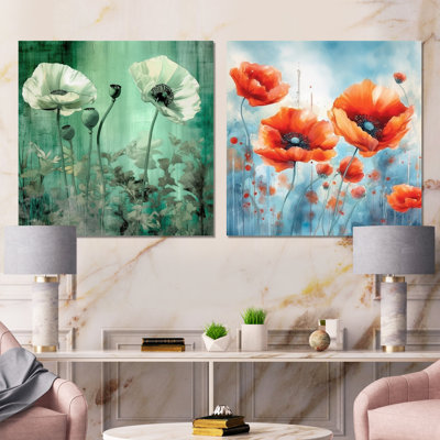 Ensemble de 2 coquelicots rétro - collage carré floral