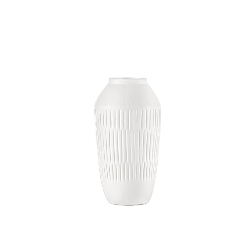 Vase rond en céramique avec motif de lignes estampées or mat, Blanc