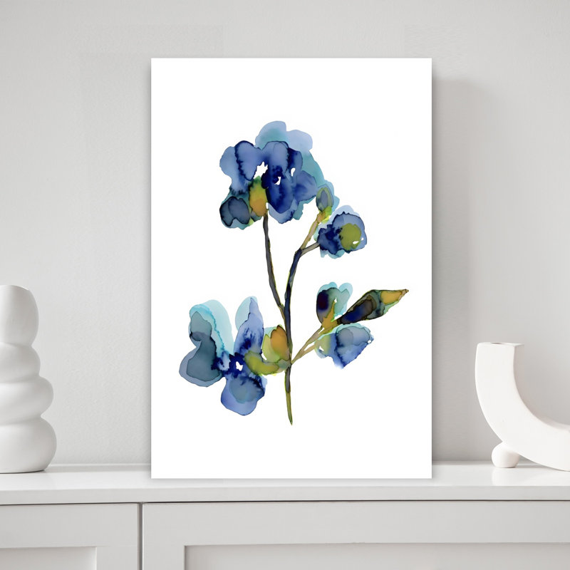 Art floral abstrait bleu délicat contemporain, 18" H x 12" W
