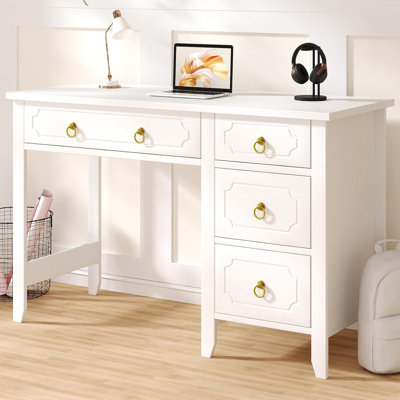 Computer Desk with 4 Drawers, 45 Inch Small Desk for Writing Study, Makeup Vanity Desk with Golden Handle for Girls