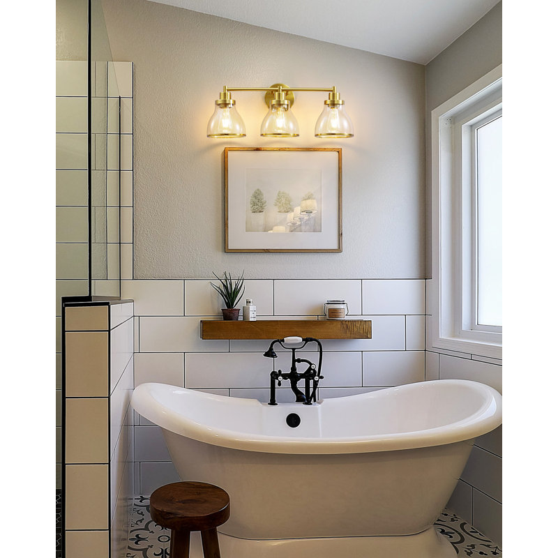 Vanity Light for Bathroom/Hallways/ Dressing Room Clear Glass Shade, Brushed Brass Plating, 3 Lights