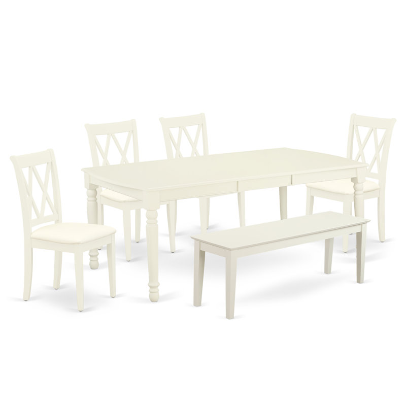6 Piece Dining Table Set Contains a Rectangle Wooden Table with Butterfly Leaf and 4 Linen Fabric Dining Chairs with a Bench, Linen White