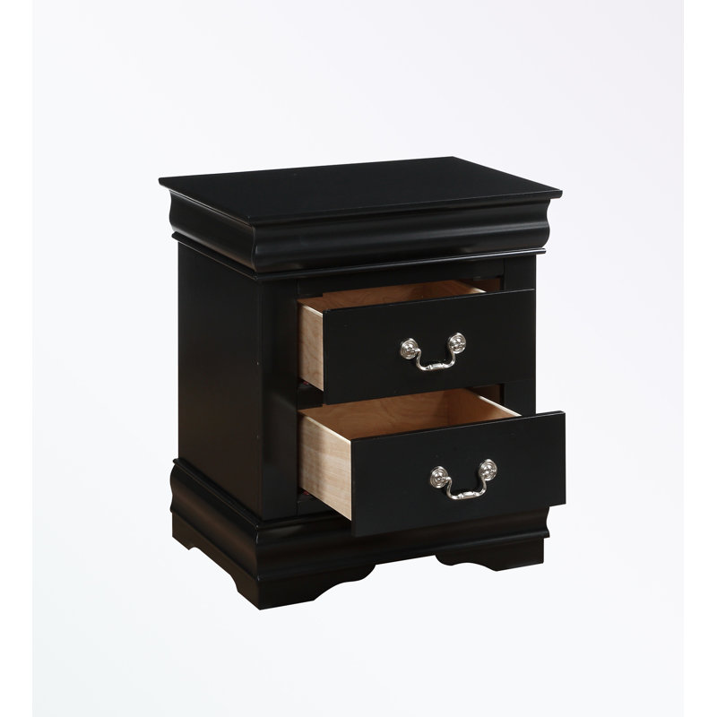 Table de chevet avec deux tiroirs et poignées en métal, Black