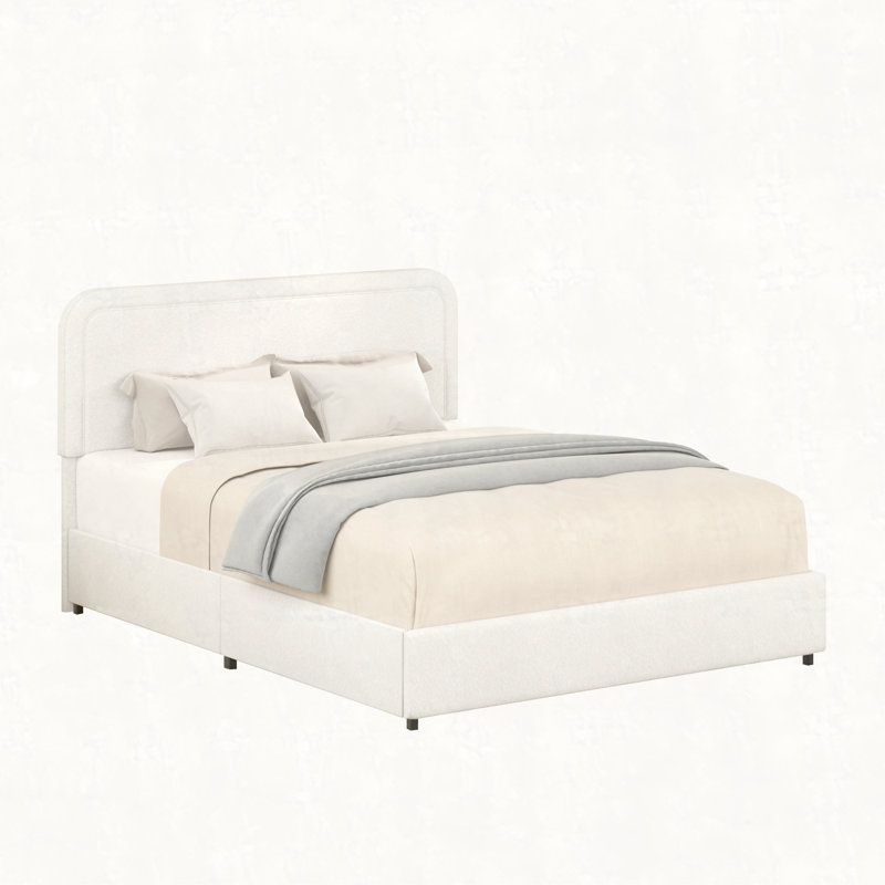 Grand lit plateforme tapissier ivoire grand avec rangement breveté à 4 tiroirs, tête de lit capitonnée à coutures courbées, support de matelas à lattes en bois, aucun sommier requis