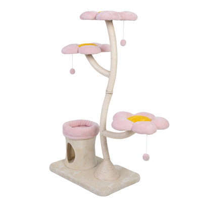 Arbre à chat à plusieurs niveaux en rose et beige, avec une structure stable, avec un lit surélevé, un noyau pour un comportement naturel inspiré des fleurs, félins d'intérieur, cylindriques, plateformes, 2 balançoires