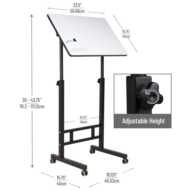 Mind Reader Standing Whiteboard Desk, Adjustable Height, Computer Desk, Laptop Desk, Portable, Rolling, 21"L x 21.5"W x 68.5"H