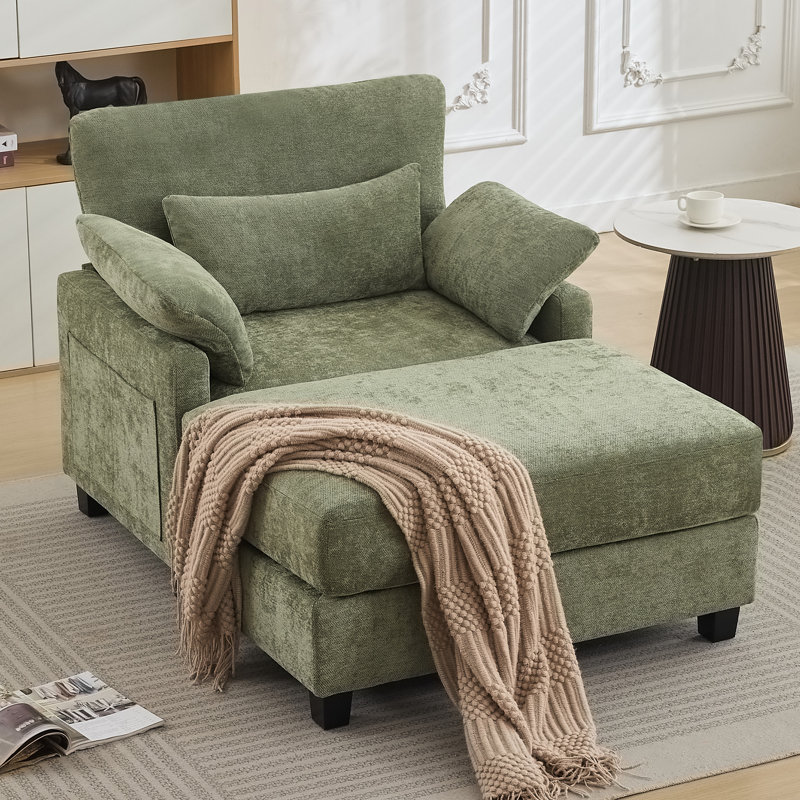 37.8" W Upholstered Chenille Armchair with Ottoman, Green