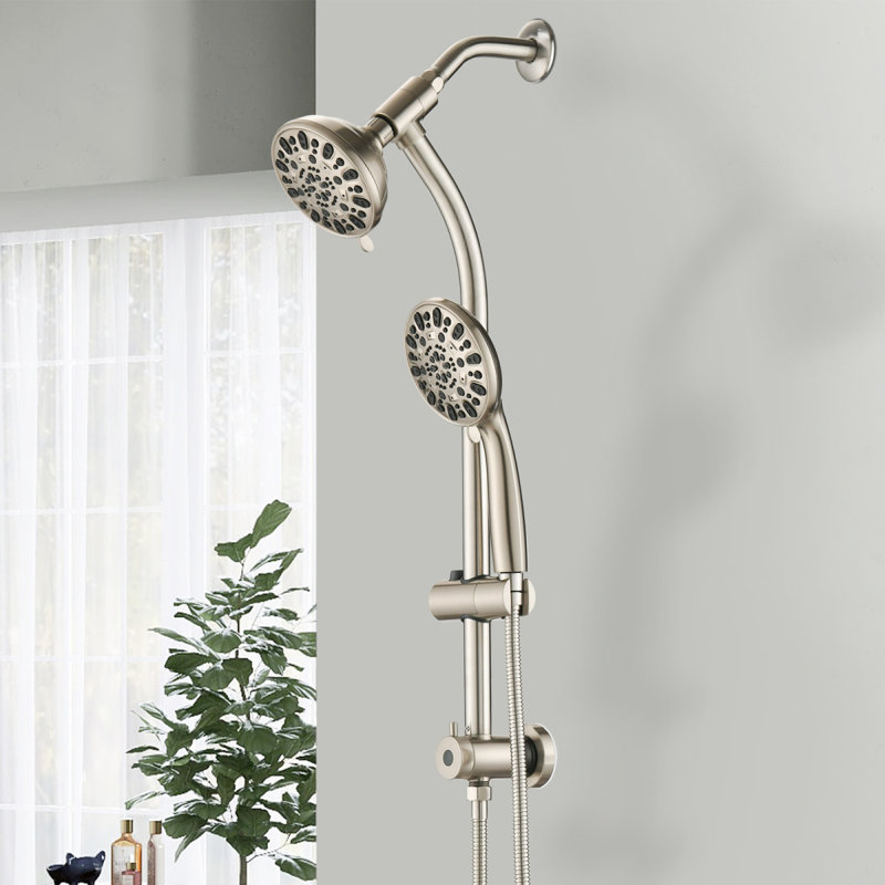Drillfree Stainless Steel Slide Bar Combo Rain Showerhead 7Setting Hand, Dual Shower Head Spa System, Brushed Nickel