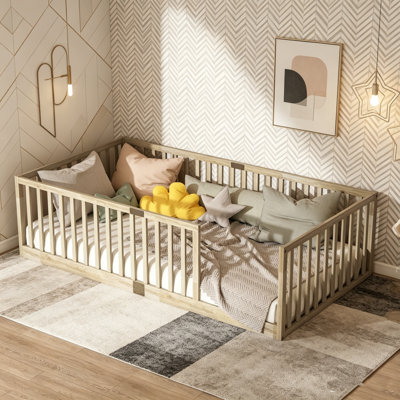 Lit de tout-petit, lit de plancher avec garde-corps de sécurité et 6 lattes, lit de plancher en bois, cadre de lit de plancher, lit de sécurité pour enfants, lit de plancher à profil bas pour salle de jeux et chambre d'enfant