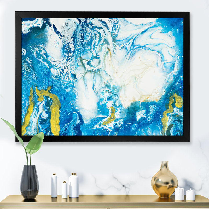 Bleu classique avec art liquide doré - reproduction sur toile, H 34 po x l 44 po, Toile avec cadre de coin noir fermé