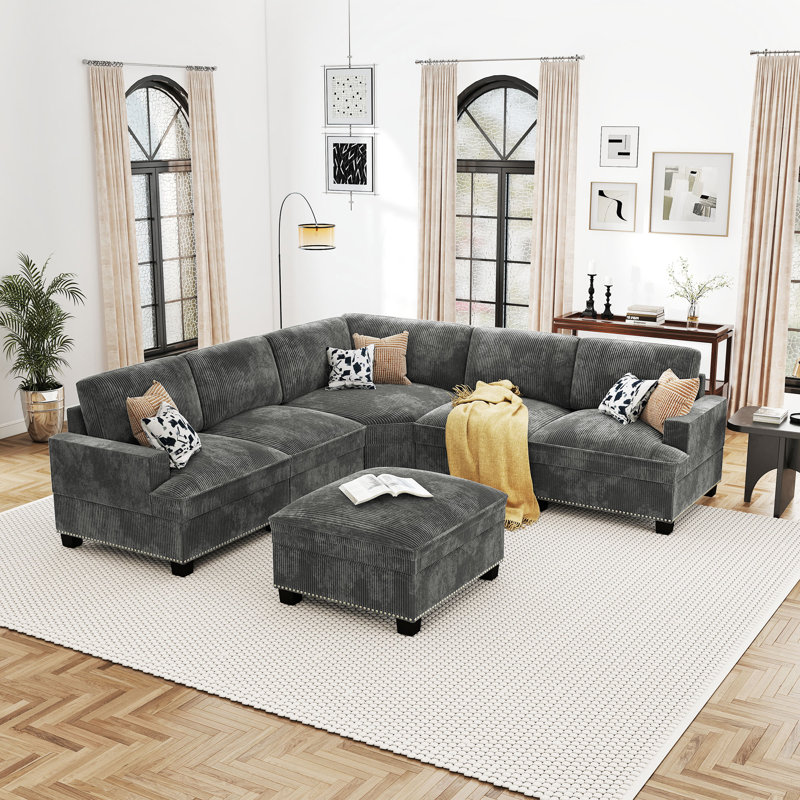 Canapé modulaire rembourré modulaire en velours côtelé avec repose-pieds Cloud, H 36 po x l 99 po x P 99 po