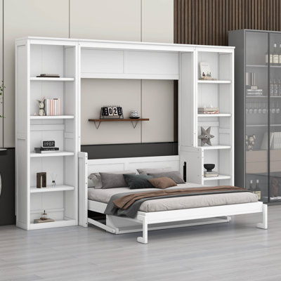 Full Size Murphy Bed With Desk, Pine Wood Murphy Bed With Shelves