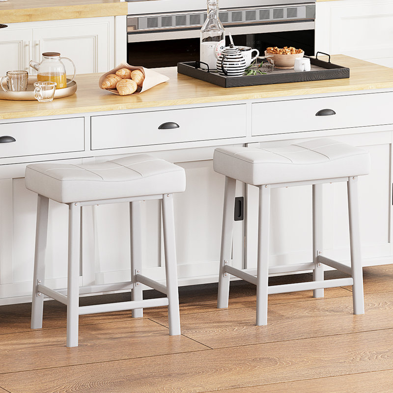 Bar Stools Set of 2, 24" Counter Height Upholstered Padded Barstools with Curved Surface, Backless Saddle Stools with Ergonomic Saddle Seat, for Kitchen Island, Home Bar, White