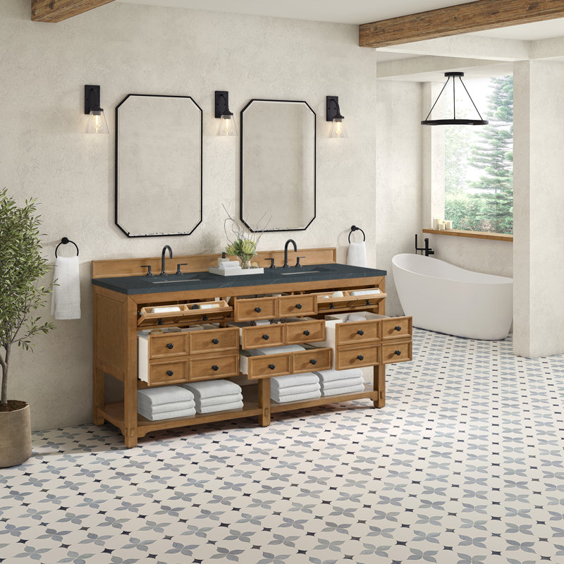Malibu 72'' W Double Vanity, Charcoal Soapstone, Widespread, Amber Birch