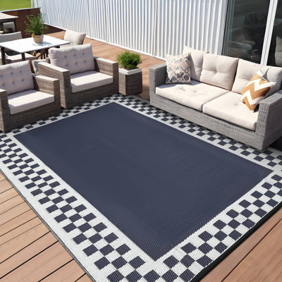 Tapis extérieur réversible, 9 pi x 12 pi, paille en plastique tissé imperméable avec bordure géométrique, léger et facile à nettoyer pour le patio, la terrasse, le balcon ou la plage