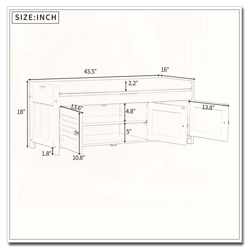 Banc de rangement rustique avec 3 portes à volets, compartiment caché et tablette réglable, Gris délavé