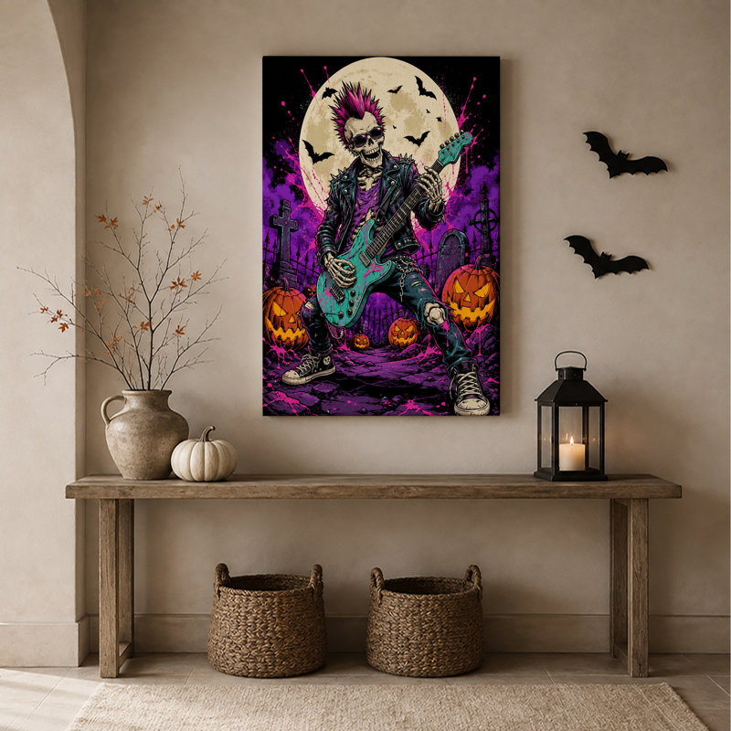 Toile punk squelette avec guitare bleu sarcelle au cimetière d'Halloween, H 30 po x l 20 po