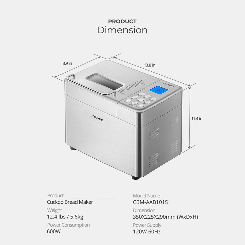 CUCKOO CBM-AAB101S 2 lb. Multi-Functional Bread Maker with 17 Menu Options, Crust Color Customization, Automatic Fruit & Nut Dispenser, 6 Accessories (Stainless Steel)