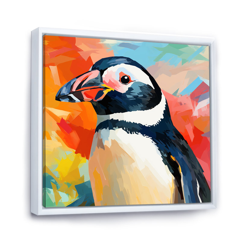 Pop Art Penguin Parade Charm I - art mural pingouin, Cadre flottant blanc, H 16 po x l 16 po x P 1 po