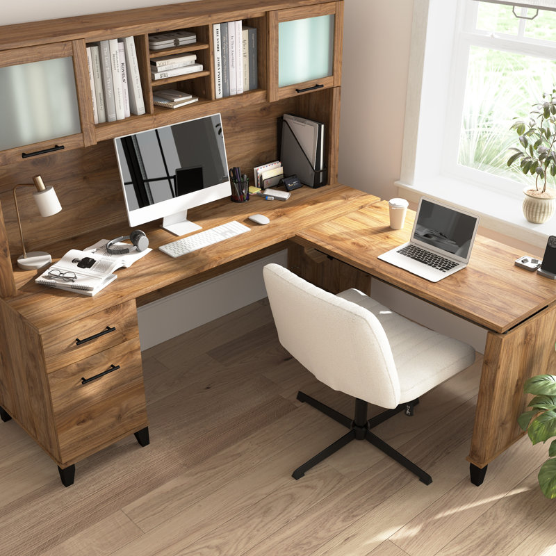 Paelynn 72” L-Shaped Sit to Stand Desk with Hutch, Adjustable Height, Storage, Modern Wood, Fresh Walnut, Fresh Walnut