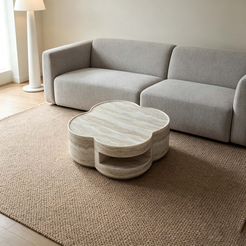 Table basse 31,5 po en forme de trèfle, fibre de verre imitation marbre avec rangement ouvert, table d'appoint sculpturale moderne pour le salon