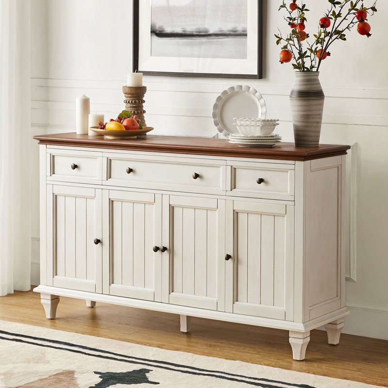 Alvieri Farmhouse 58" W 3-Drawer 4-Cabinet Sideboard with Solid Wood Legs, White
