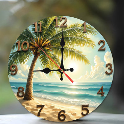 Beach Palm Tree Sunset Ocean Wall Clock