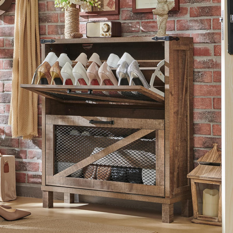 16 Pair Shoe Storage Cabinet with 2 Flip Drawers & 4 Adjustable Shelves , Farmhouse Shoe Cabinet with Mesh Doors for Entryway, Light Brown
