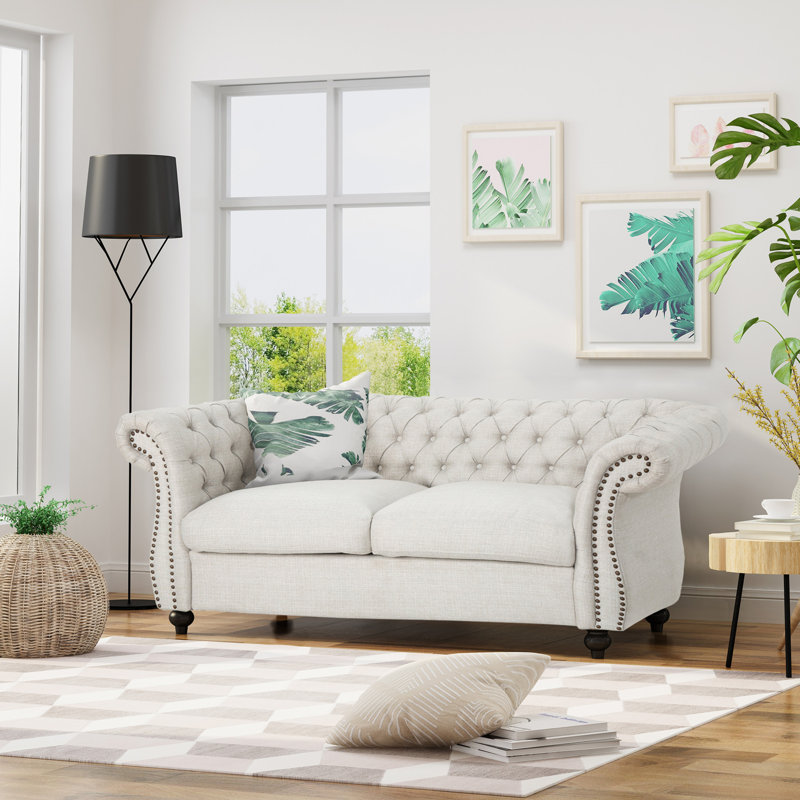 Pasillas Rolled Arm Loveseat, Beige Fabric, 27.75" H x 61.75" W x 33.75" D