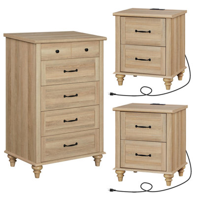 Ensemble de commode et table de chevet 3 pièces 3 pièces, chêne