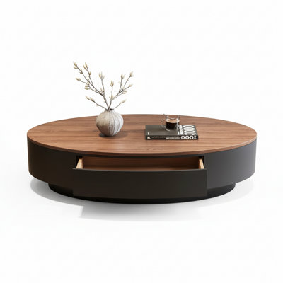 Table basse en noyer massif Mid-Century moderne avec tiroir de rangement en bois massif | Table basse ovale à profil bas | L 47,24 po x H 12,99 po
