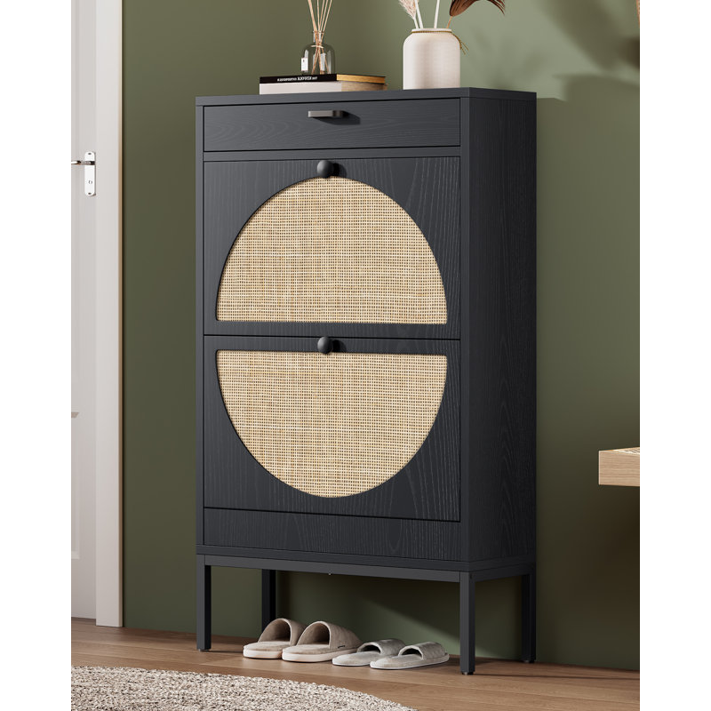 Boho Natural Rattan Shoe Storage Cabinet, Black