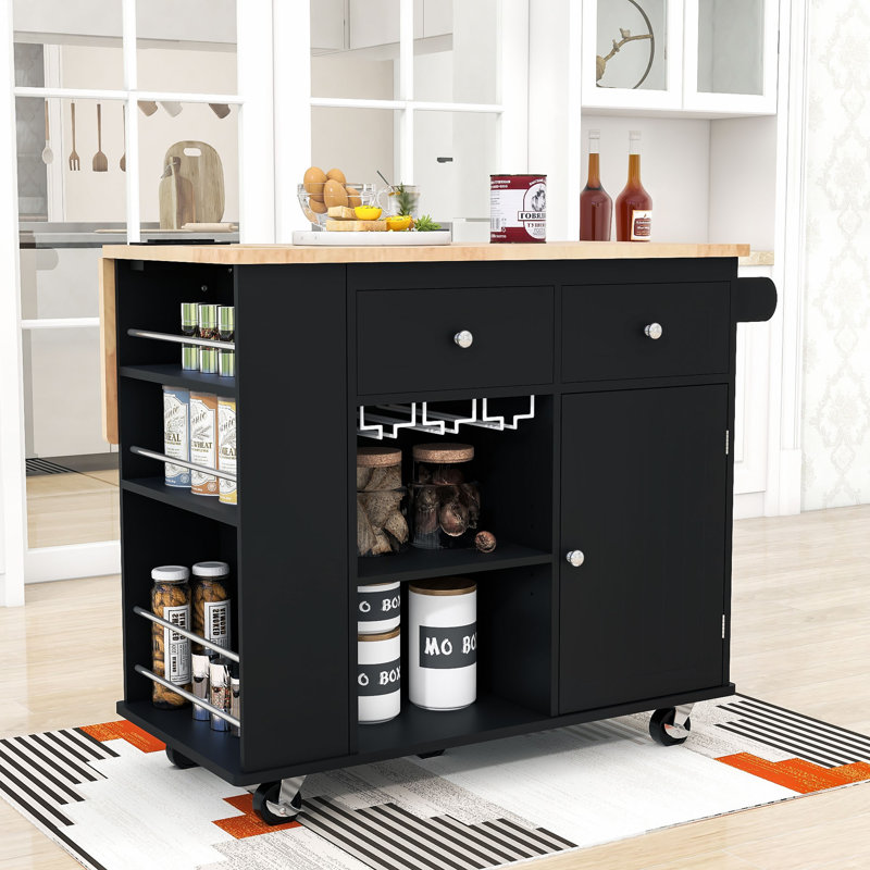 Momoko Modern Rolling Wooden Kitchen Cart with Power Outlet, Drop Leaf Countertop and Ample Storage, Black