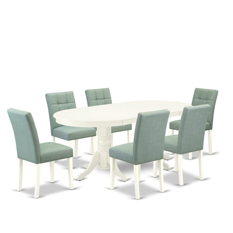 7 Piece Dining Set consists of a Mid-Century Dining Table and 6 Willow Green Faux Leather Modern Dining Chairs, Linen White