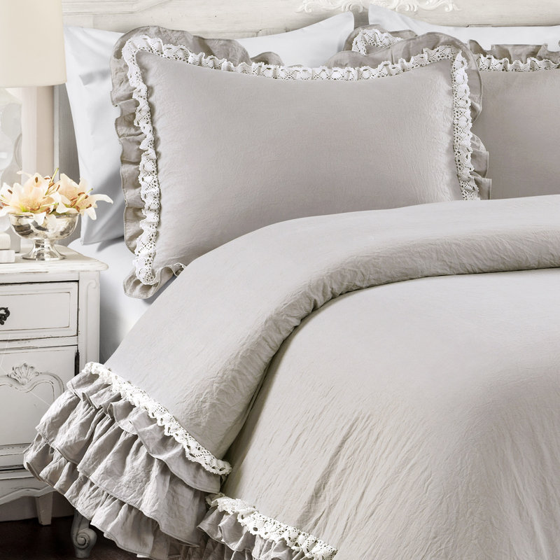 Ella Shabby Elegance Ruffle Lace Microfiber Comforter Set, Light Gray, Full/Queen Comforter + 2 Standard Shams