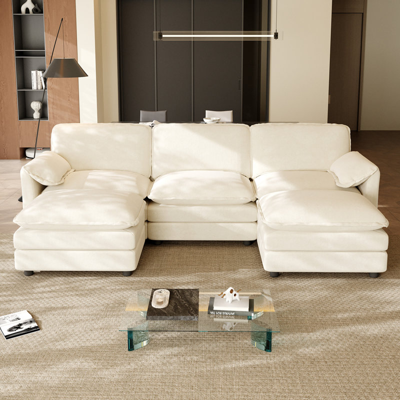 Canapé modulaire en U pour salon Kariba, Beige / chenille blanche