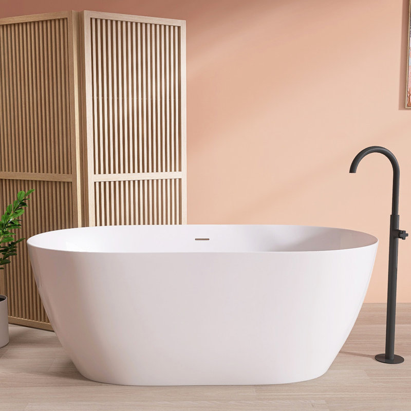 59'' x 30'' Freestanding Contemporary Soaking Acrylic Bathtub with Overflow and Drain, Glossy White