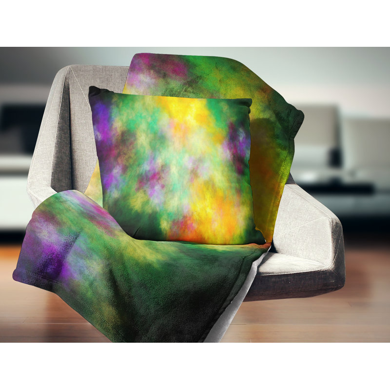 Ciel avec étoiles - coussin abstrait imprimé, 18 po x 18 po, Jaune / vert, Coussin décoratif