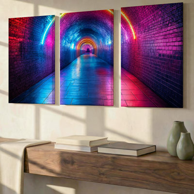 3 Pieces Exculisive Colorful Neon Tunnel Large Wall Art Blue Pink and Orange Light Arches Panoramic, Canvas Decor for Living Room, Bedroom and Office