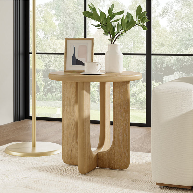 Jadida Modern 24"W Oak Veneer Top Round Side Table with Solid Wood Legs, Natural