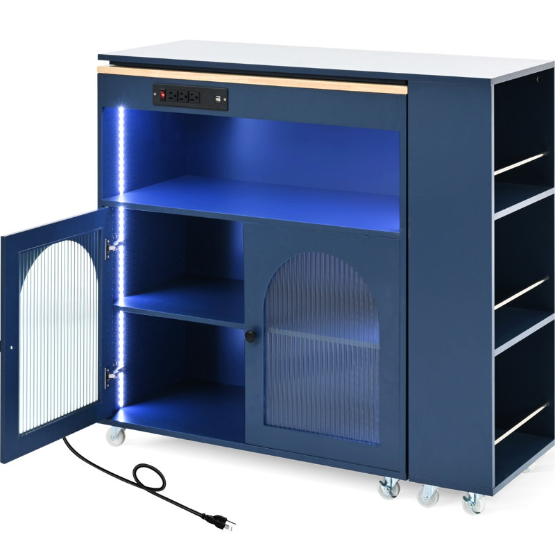 Îlot de cuisine roulant avec rangement, DEL bleu marine, prises de courant à compartiment de rangement, portes en verre cannelé, bleu