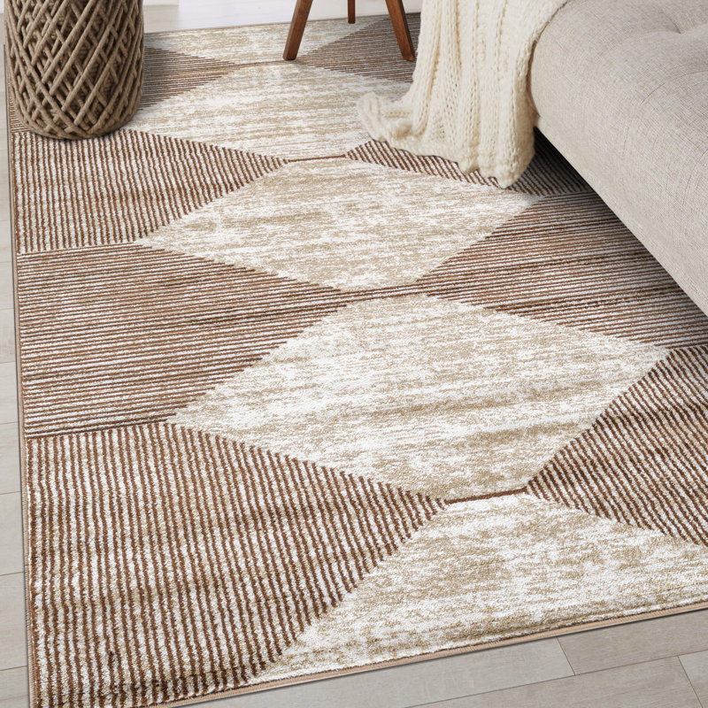 Beige Brown Geometric Stripe Area Rug, Rectangle 4' x 6'