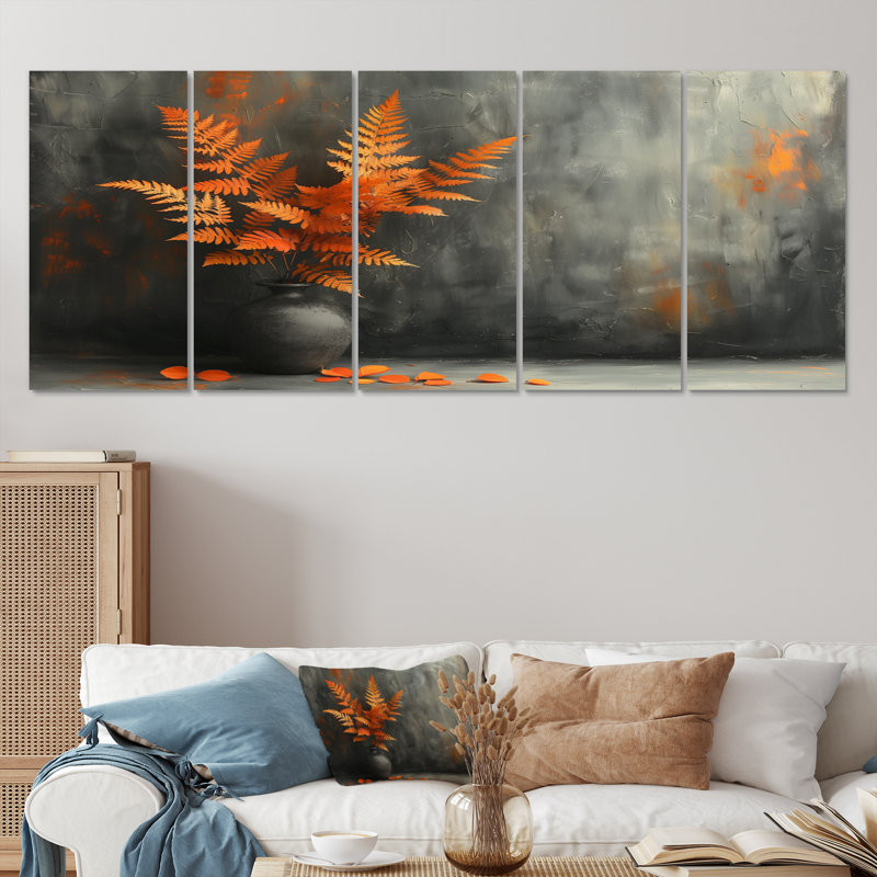 Ensemble de décorations murales avec fougères orange, gris et rustique, H 32 po x l 80 po
