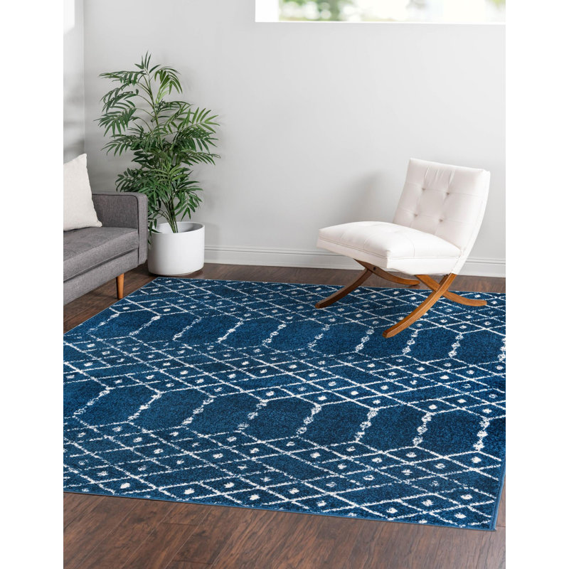 Tapis bleu marine / blanc Lenwood, Carré 5 pi 3 po