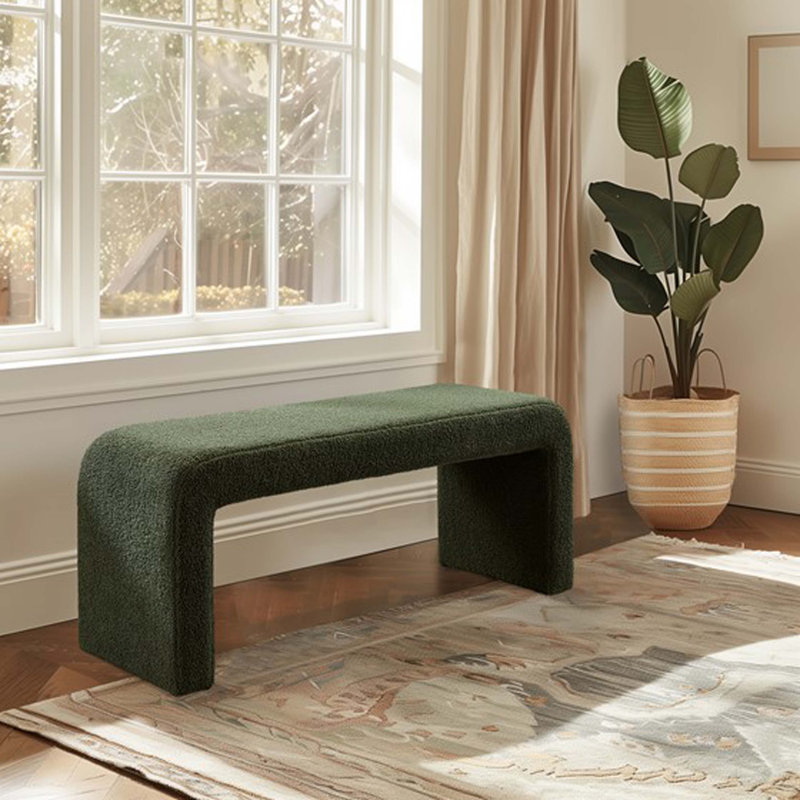 Green Boucle Upholstered Waterfall Bench 52" Wide
